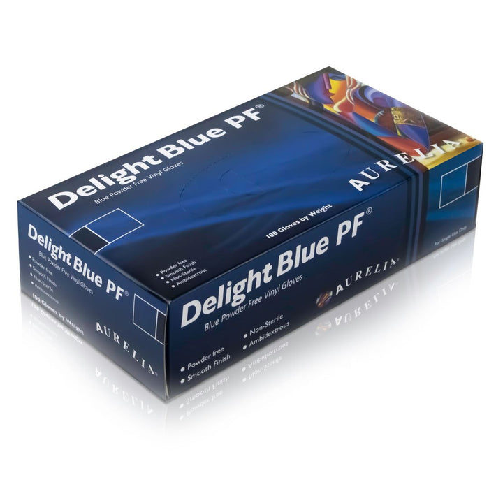 Aurelia Delight Blue PF Vinyl Disposable Gloves for all Sensitivity Applications Box of 100