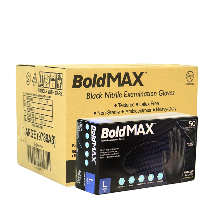 Bold Max - Black Nitrile Gloves - Powder Free (Large)