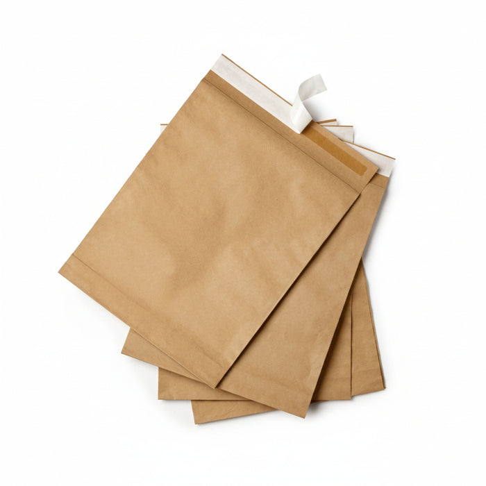 Stack of brown paper bags on a white background