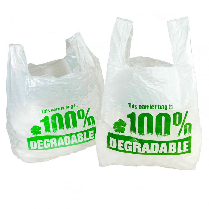 100% Degradable "Eco" White HD Vest Carrier Bags - 30% Recycled | Printed 1 Colour (Green) - 1 Side - Print Ref: "100% Degradable"