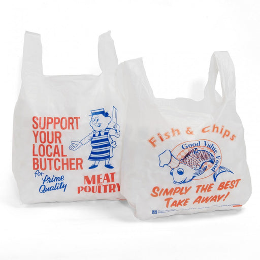 Printed High Density White Polythene Vest Carriers - 30% Recycled