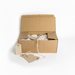 Cardboard box with office supplies on a white background